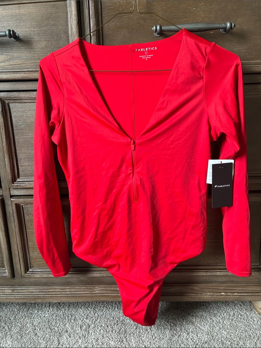 Fabletics Red Long-Sleeve Zip-Front swimsuit
